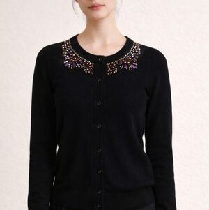 Kate Spade Paulina Jeweled Button Down Sweater Wool Cashmere Blend Black XS